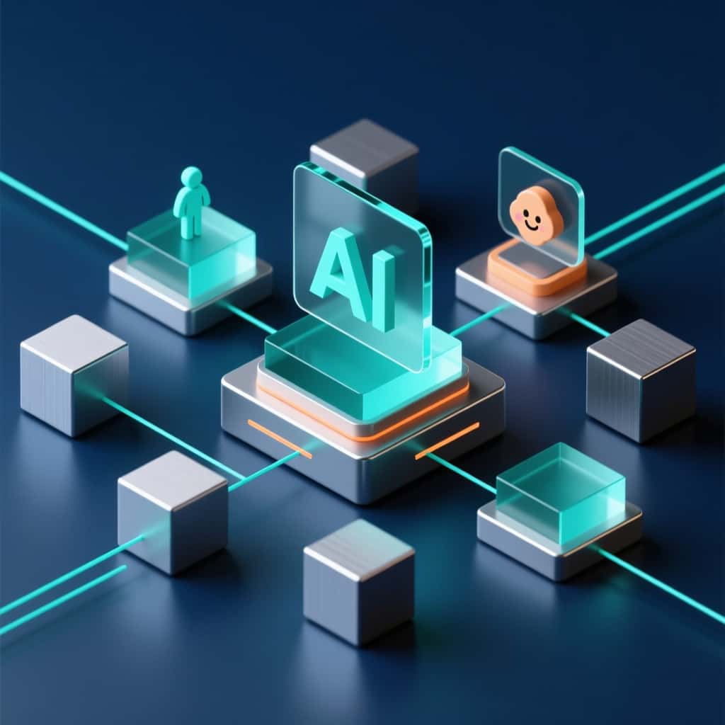 Illustration of connected service modules arranged around an AI core